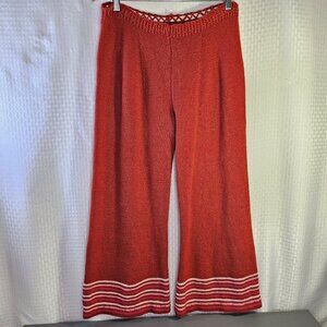 Vintage Knitted Rust Red Wide-Leg Pants With Striped Hem